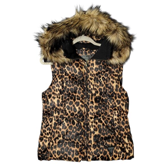 Guess Womens Y2K 2000s Leopard Faux Fur Down Feathers Hooded Puffer Vest Medium - Picture 1 of 12